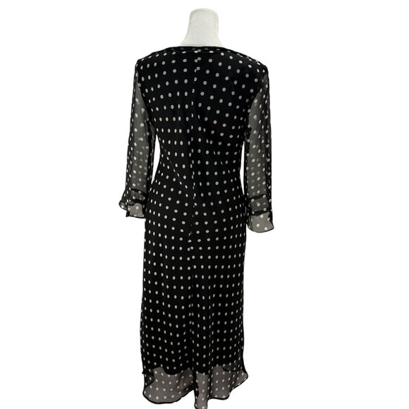Vintage Black & White Polka Dot Midi Dress | Sheer Long Sleeve Retro Cocktail - Picture 6 of 7